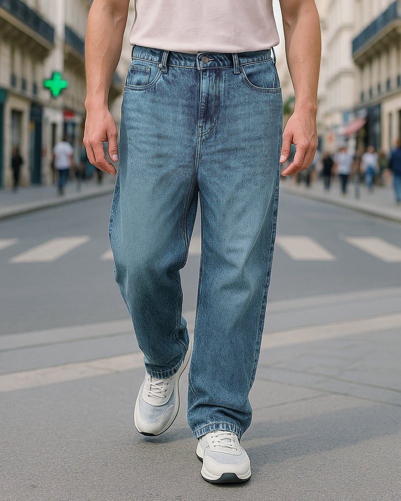 bewakoof Men's Blue Washed Super Baggy Fit Jeans - Image 1